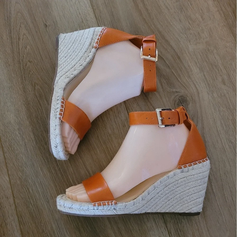Vince Camuto Meddrina Leather Apricot Straps Jute Espadrille Wedges‎